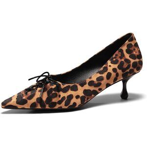 🆕Women Leopard Faux Leather Kitten Heels Bow Slip On Dress Pumps Shoes